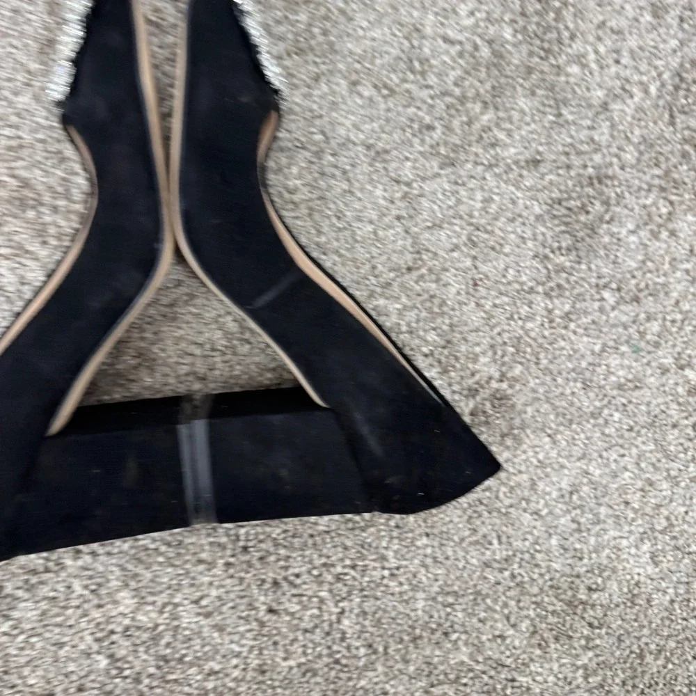 Karl Lagerfeld Paris Black Suede Crystal Buckle Block Heel Pumps 6M Adona Formal